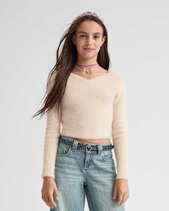 Tween Girls Eyelash V Neck Sweater