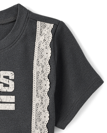 Tween Girls Lace Trim Varsity Graphic Top
