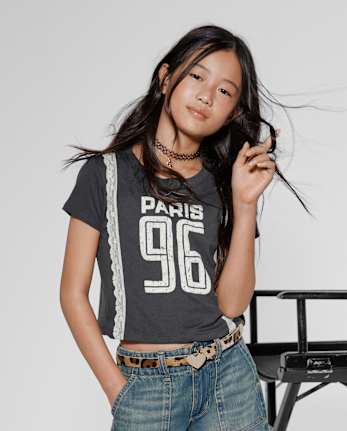 Tween Girls Lace Trim Varsity Graphic Top