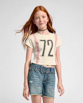 Tween Girls Lace Trim Varsity Graphic Top