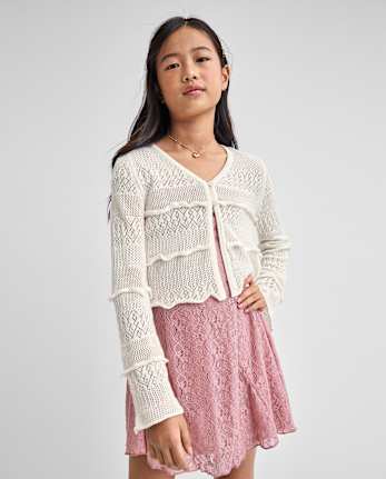 Tween Girls Ruffle Pointelle Cardigan