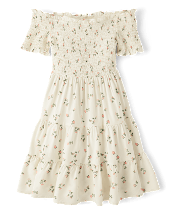 Tween Girls Floral Smocked Off Shoulder Dress