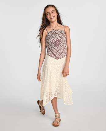 Tween Girls Lace Midi Hanky Hem Skirt