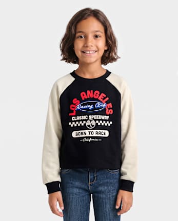 Tween Girls Embroidered Racing Colorblock Premium Fleece Sweatshirt - BLACK ONYX