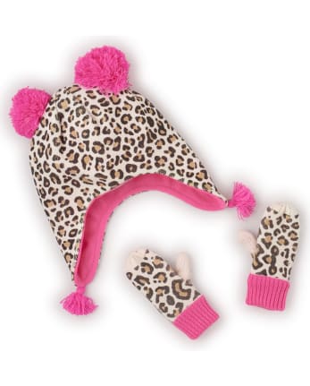 Toddler Girls Leopard Print Double Pom Pom Hat And Mittens Set