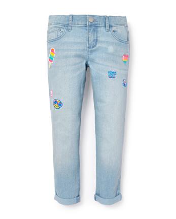 Girls Patch Denim Roll Cuff Super Skinny Jeans