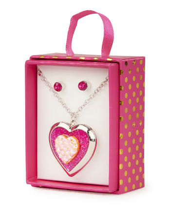 Conjunto de caja de regalo con collar con medallón de corazón de caviar en 3D para niñas y aretes con diamantes de imitación