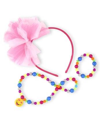 Girls Multicolor Beaded Necklace Bracelet And Mesh Pouf Headband Set