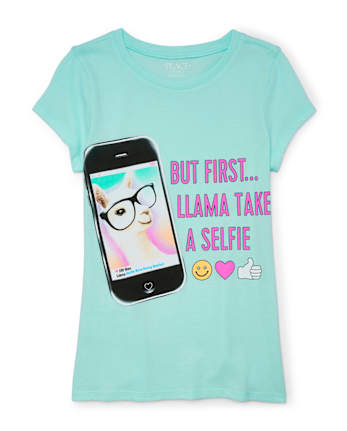 Camiseta con gráfico "Pero primero...Llama Take A Selfie" para niñas