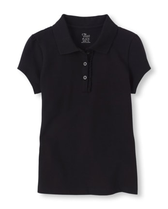 Girls Uniform Ruffle Pique Polo - BLACK