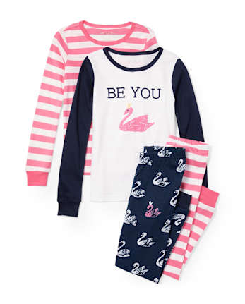 Girls Flamingo And Striped Top And Pants 4-Piece Snug Fit Pajamas
