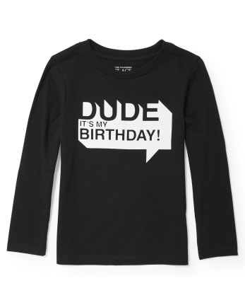 Camiseta gráfica de manga larga para niños pequeños "Dude It's My Birthday"