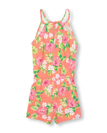 Girls Sleeveless Floral Print Woven Racerback Romper
