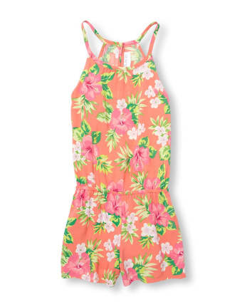 Girls Sleeveless Floral Print Woven Racerback Romper