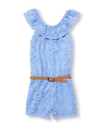 Girls Sleeveless Lace Belted Woven Off Shoulder Romper