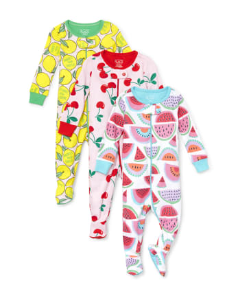 Baby And Toddler Girls Fruit Snug Fit Cotton One Piece Pajamas 3-Pack