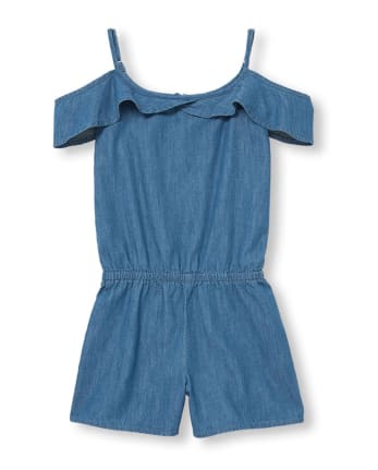 Girls Woven Chambray Off Shoulder Romper