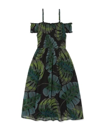 Vestido largo a juego con hombros descubiertos tejido con estampado de hojas tropicales de manga corta para niñas Mami y yo
