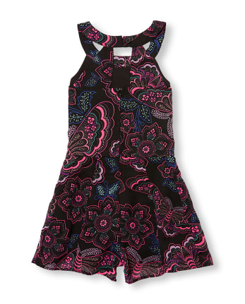 Girls Sleeveless Butterfly Print Woven Halter Neck Romper