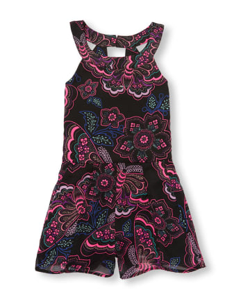 Girls Sleeveless Butterfly Print Woven Halter Neck Romper