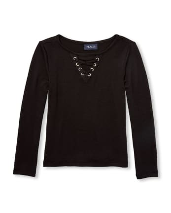 Girls Faux Lace Up Lightweight Sweater Knit Top