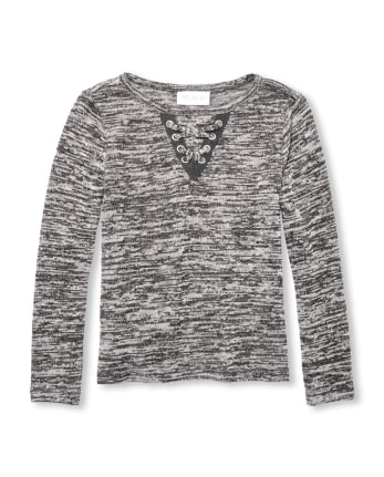 Girls Faux Lace Up Lightweight Sweater Knit Top - H/T HOUND