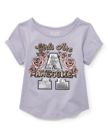 Baby And Toddler Girls Short Roll Sleeve Embellished Graphic Top