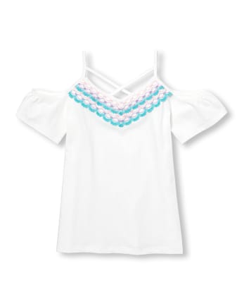 Girls Embroidered Cold Shoulder Cut Out Top