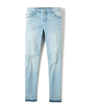 Girls Faux Pearl Denim Skinny Jeans