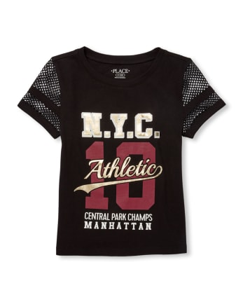 Girls Active Short Mesh Sleeve Foil Graphic Top