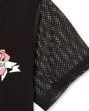 Girls Short Mesh Sleeve Glitter Patch Graphic Top