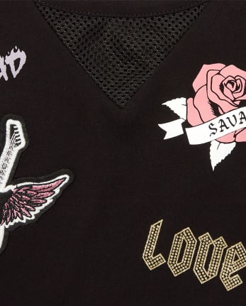 Girls Short Mesh Sleeve Glitter Patch Graphic Top