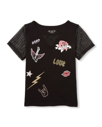 Girls Short Mesh Sleeve Glitter Patch Graphic Top