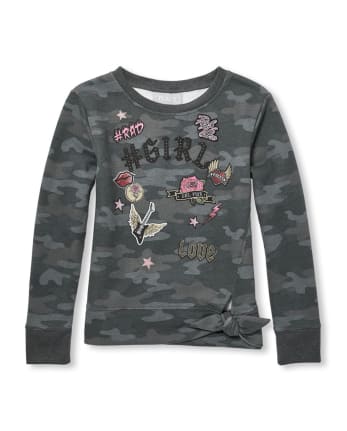 Girls 'Hashtag Girl' Patch Camo Tie Front Pullover