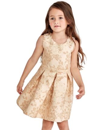 Toddler Girls Sleeveless Metallic Gold Jacquard Woven Dress
