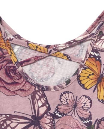 Vestido con espalda cruzada y tejido con estampado de mariposas y flores brillantes para bebés y niñas pequeñas