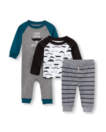 Conjunto de ropa de juego de 3 piezas con bigote para bebé niño