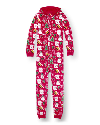 Unisex Adult Matching Family Long Sleeve Christmas Emoji Print Fleece Hooded One Piece Pajamas