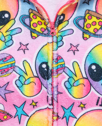 Girls Rainbow Alien Fleece One Piece Pajamas