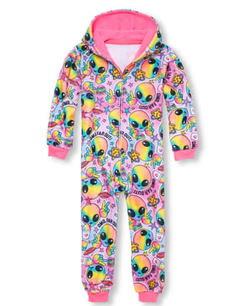 Girls Rainbow Alien Fleece One Piece Pajamas