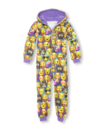 Girls Emoji Fleece Hooded One Piece Pajamas