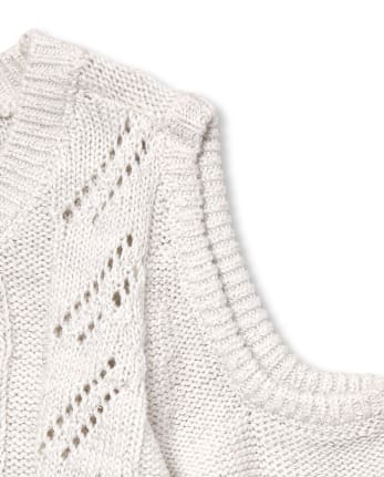 Girls Metallic Cable Knit Cold Shoulder Sweater