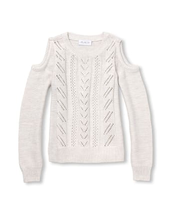 Girls Metallic Cable Knit Cold Shoulder Sweater