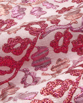 Girls Sleeveless Pink Metallic Woven Jacquard Dress