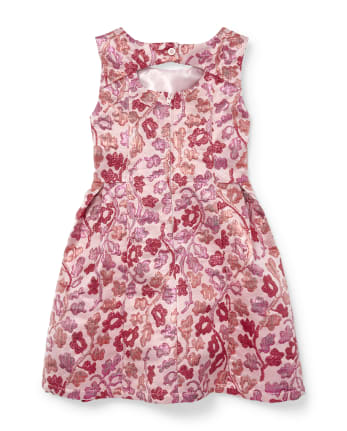 Girls Sleeveless Pink Metallic Woven Jacquard Dress