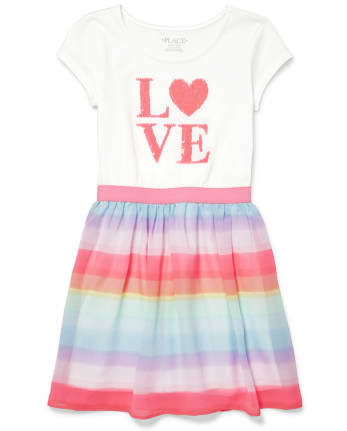 Girls Flip Sequin Love Striped Knit To Woven Dress