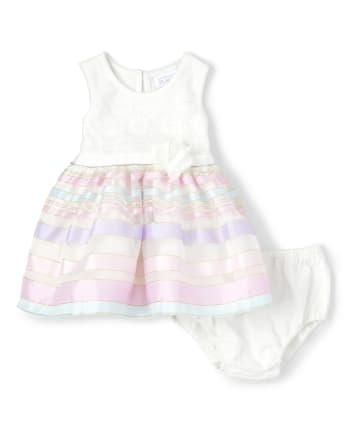 Baby Girls Lace Striped Knit To Woven Dress