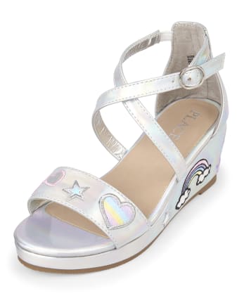 Girls Holographic Unicorn Faux Patent Leather Wedge Sandals