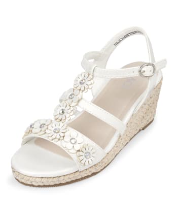 Girls Rhinestud Flower Faux Leather Wedge Sandals | The Children's Place