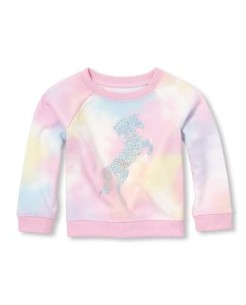 Jersey de rizo francés con efecto tie-dye y unicornio metalizado activo para bebés y niñas pequeñas